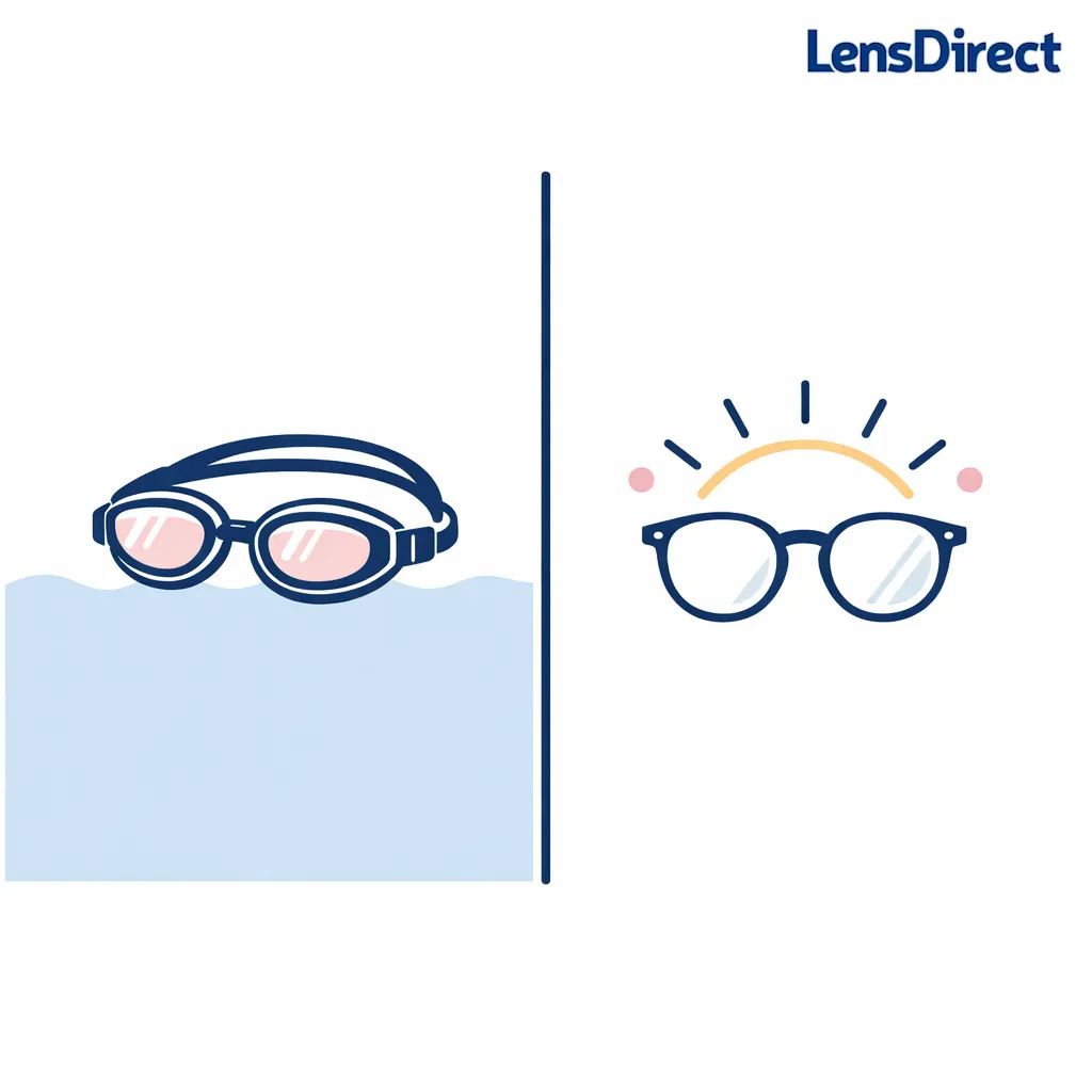 A split-panel shows goggles in water on one side and glasses on land on the other as safer alternatives.