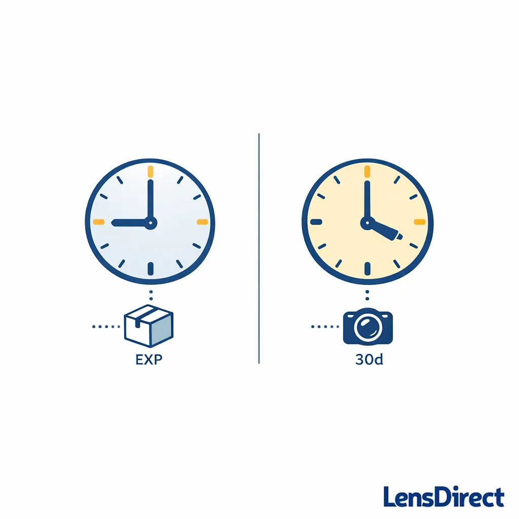 Two simple clocks compare expiration date on a box with the replacement schedule after opening.