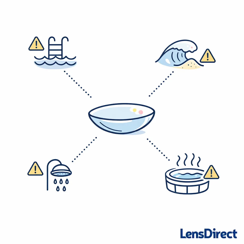Four simple icons for pool, ocean, shower, and hot tub surround a central contact lens with caution markers.