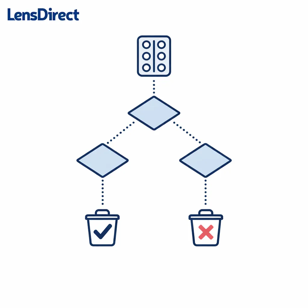 A simple flowchart uses yes-no branches to decide whether a lens is safe to use or should be discarded.