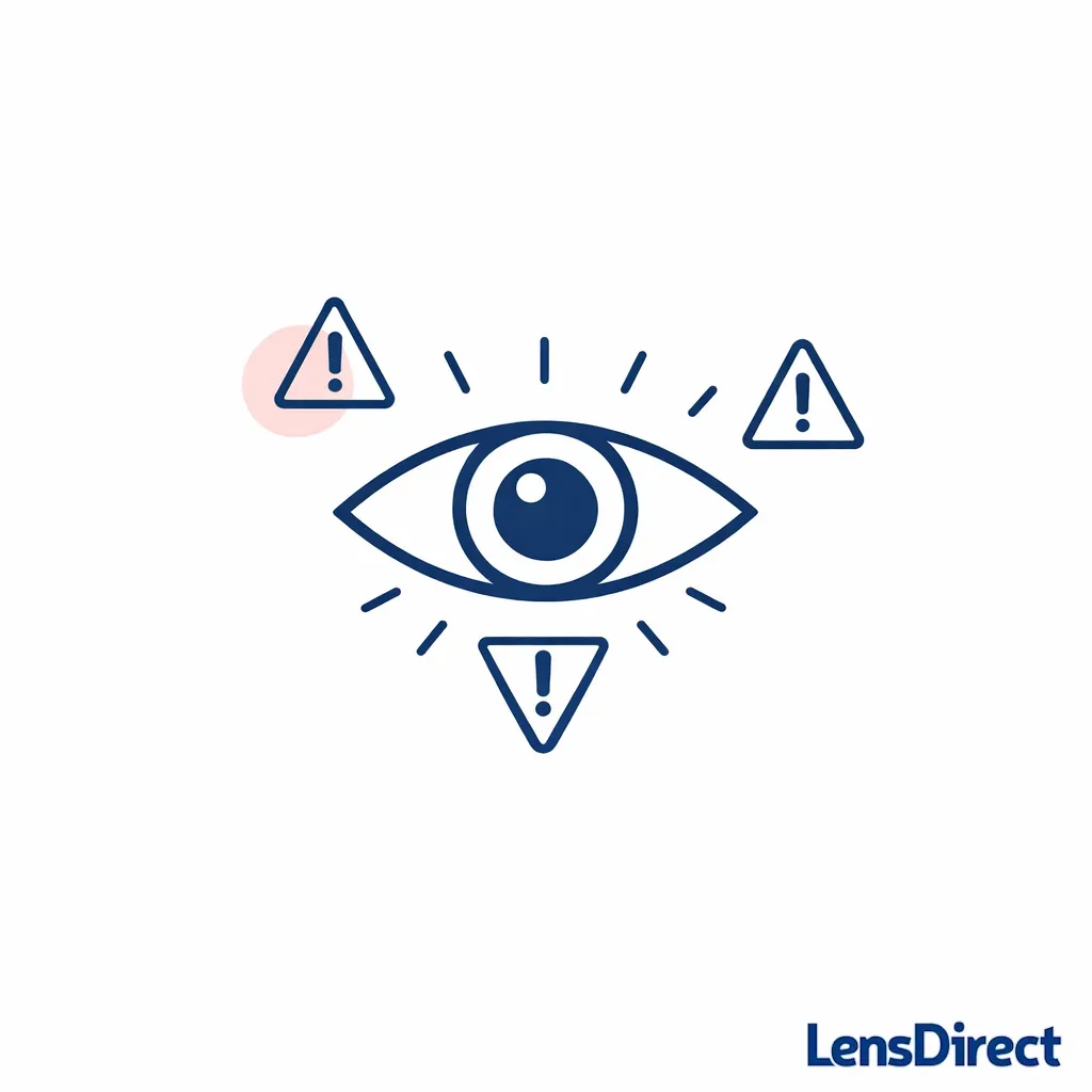 An eye icon with alert markers suggests seeking urgent help if pain, redness, or blurred vision appears.