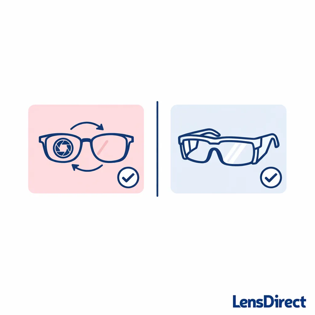 Two-path comparison showing replacing lenses in existing frames versus choosing dedicated safety frames.