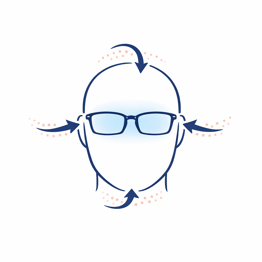 Illustration showing top, side, and bottom gaps where particles can enter around glasses.