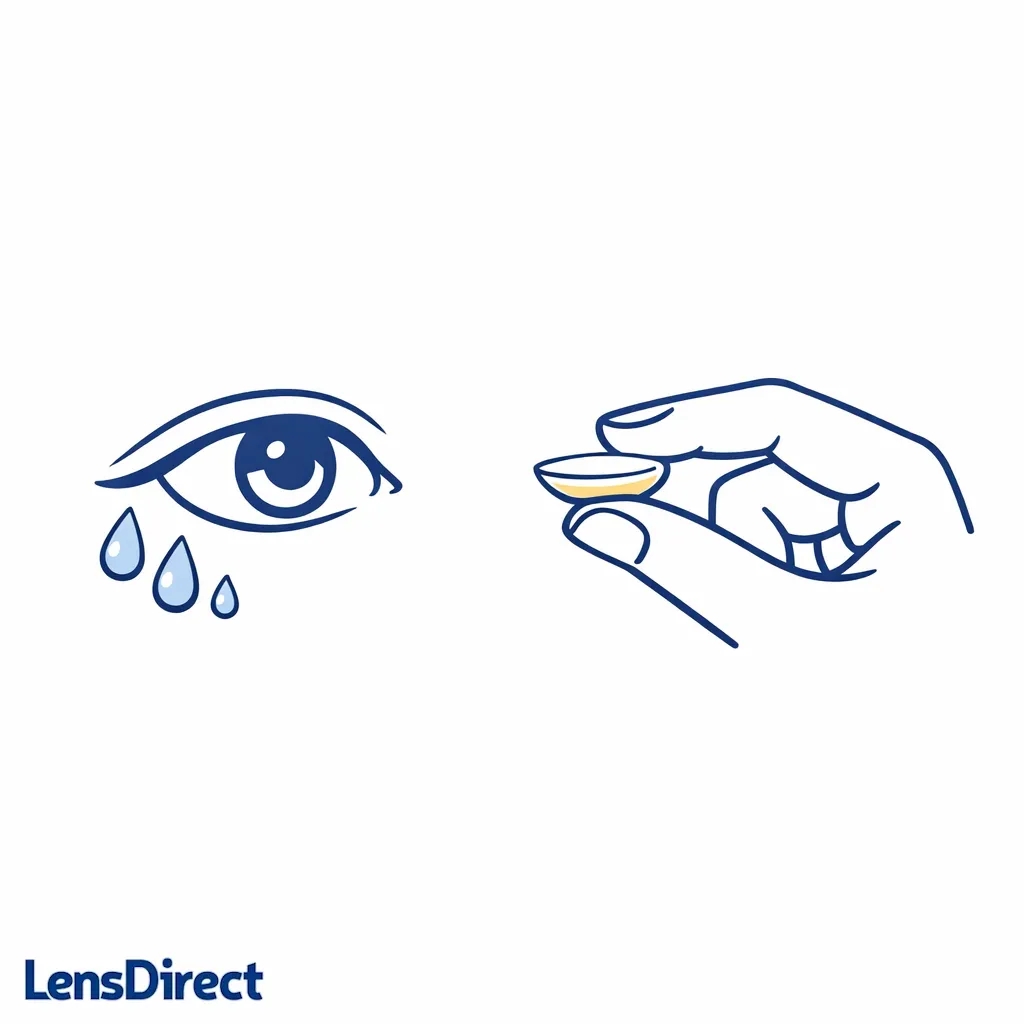 A hand icon lifts a contact lens away from an eye icon to show removing lenses after water exposure.