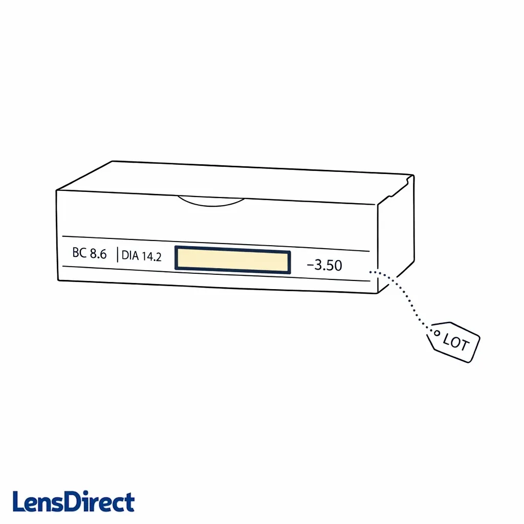 A box label with a highlighted LOT field suggests traceability for questions or recalls.