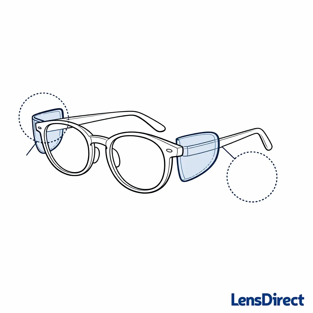 Diagram of a classic frame with removable side shields highlighted at the temples.