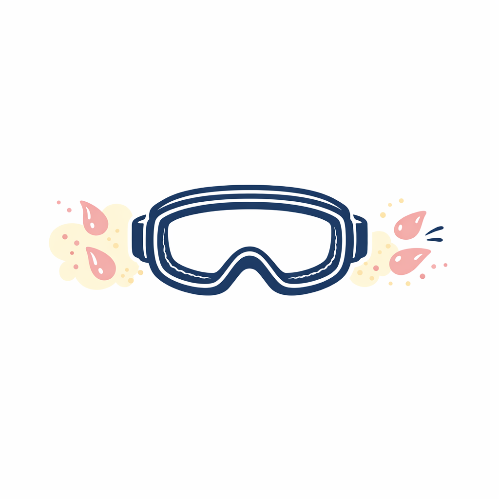 Illustration of sealed goggle-style eyewear blocking a splash and aerosol droplets.