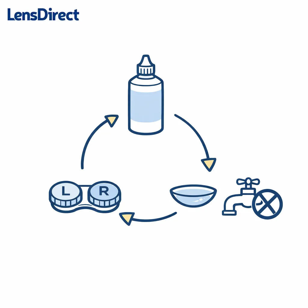 A lens case and solution bottle are shown with arrows indicating a clean routine without using tap water.