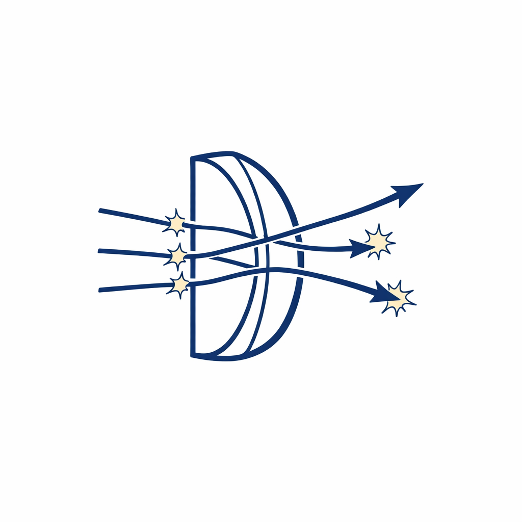 Simple cross-section showing a lens with impact arrows to explain toughness without technical claims.