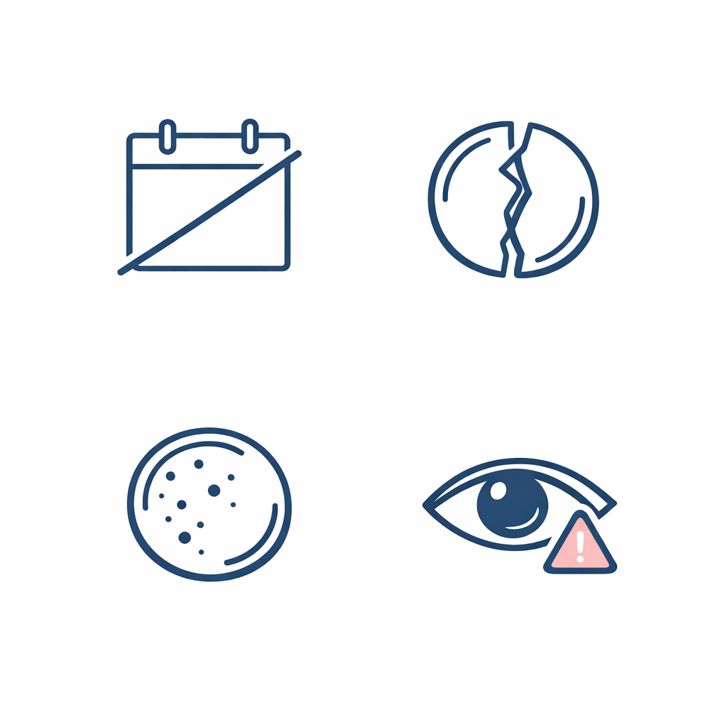 A checklist-style grid shows icons for expired, torn, debris, and discomfort as discard cues.