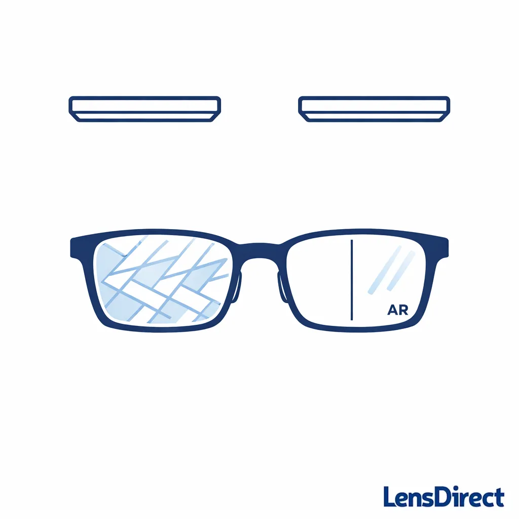 Diagram showing reduced glare reflections with anti-reflective coating concept in a workshop-light scenario.