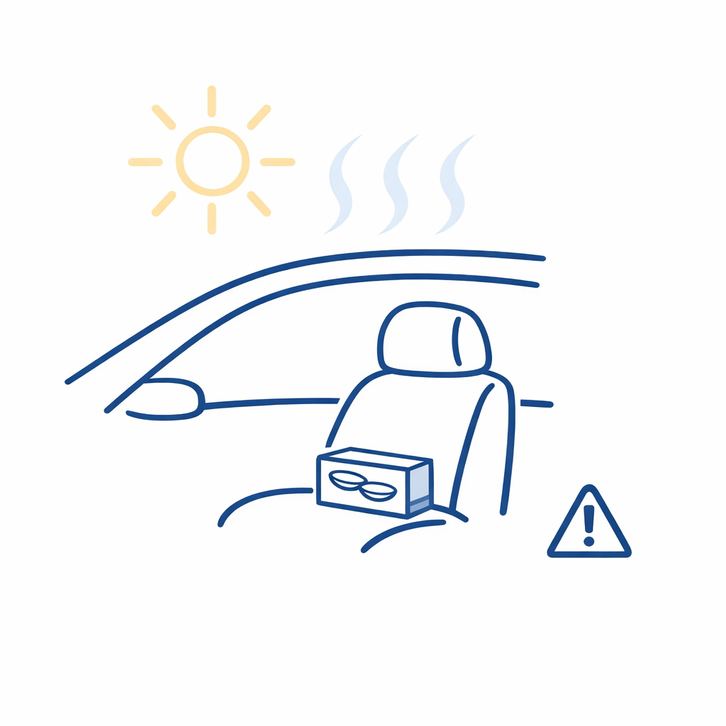 A contact lens box in a car silhouette with sun rays indicates heat can damage storage conditions.