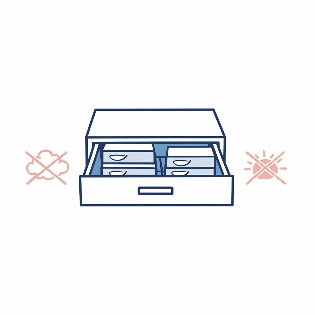 A bedroom drawer icon holds lens boxes away from steam and sunlight.