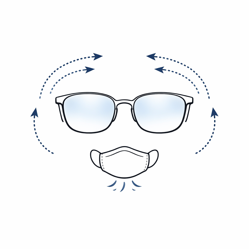 Illustration showing fog buildup on lenses and airflow paths that reduce fogging.