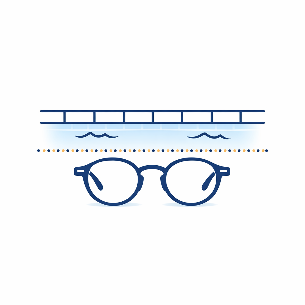 A pair of glasses sits near a pool edge icon to suggest wearing glasses instead of contacts around water.