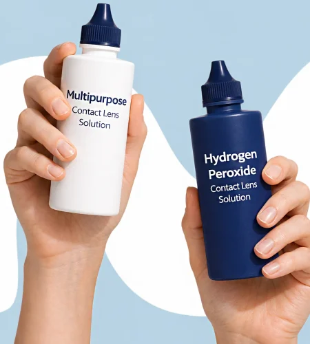 Two hands holding multipurpose and hydrogen peroxide contact lens solution bottles for comparison.