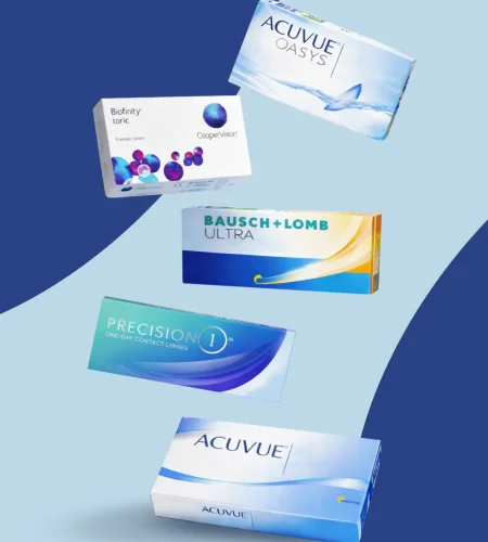 Various contact lens brand boxes floating on a blue background, representing switching between brands.