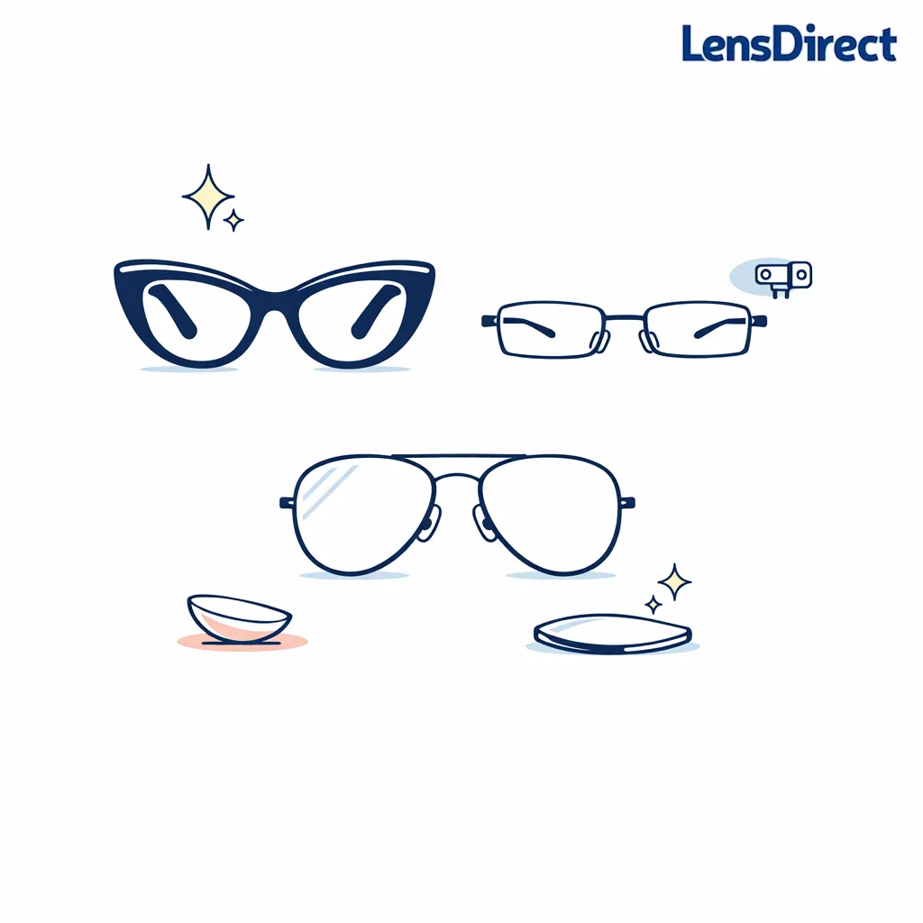 Minimal illustration of refined glasses and lens options showing how premium style can stay budget-friendly.