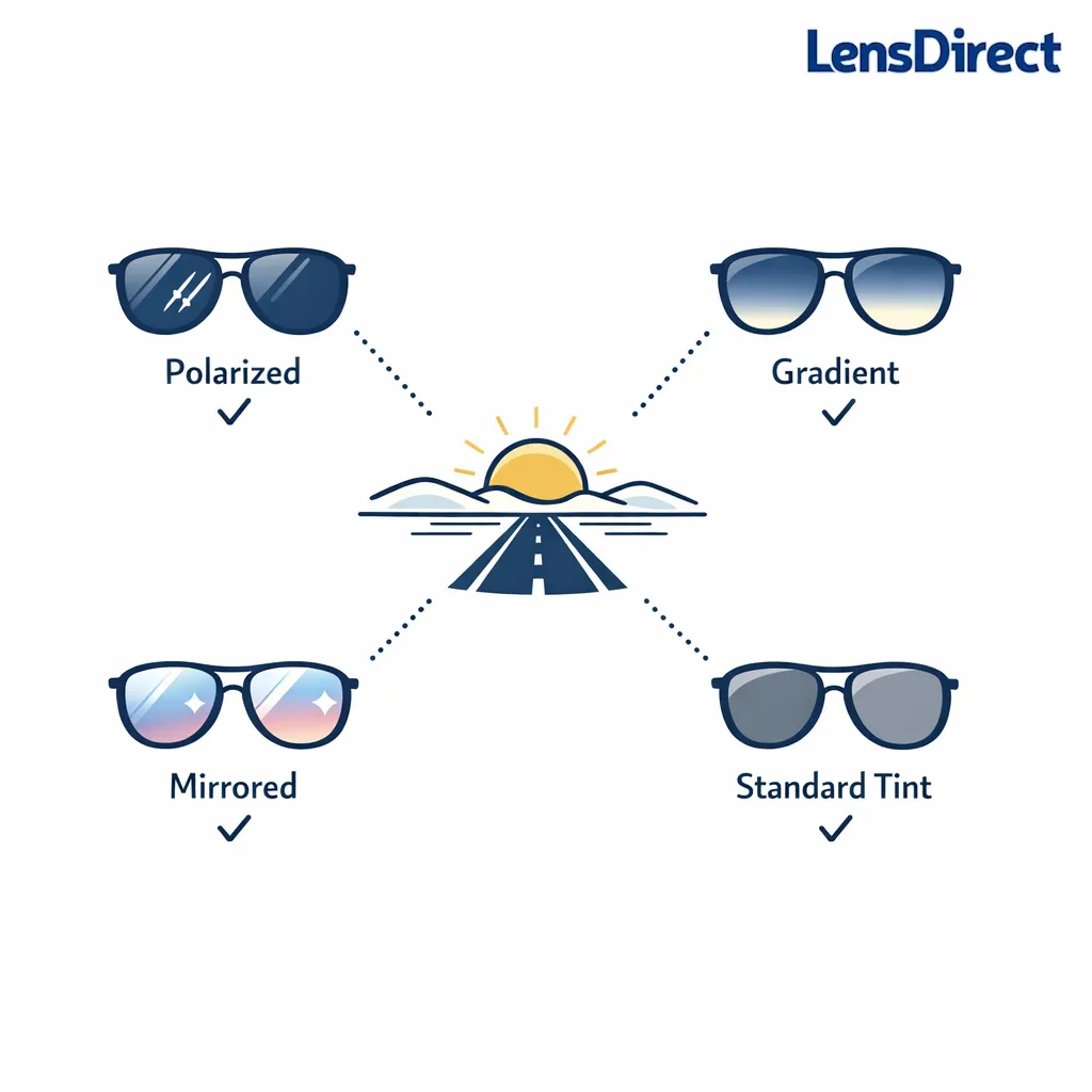 A clean comparison graphic shows four sunglass lens types for driving with simple icons and road glare cues.