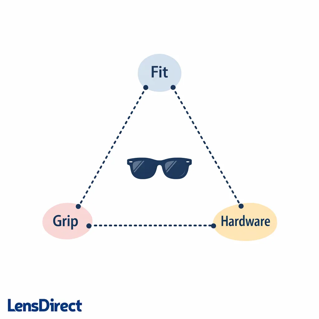 A simple triangle diagram showing fit, grip, and hardware as the three main causes of slipping sunglasses.