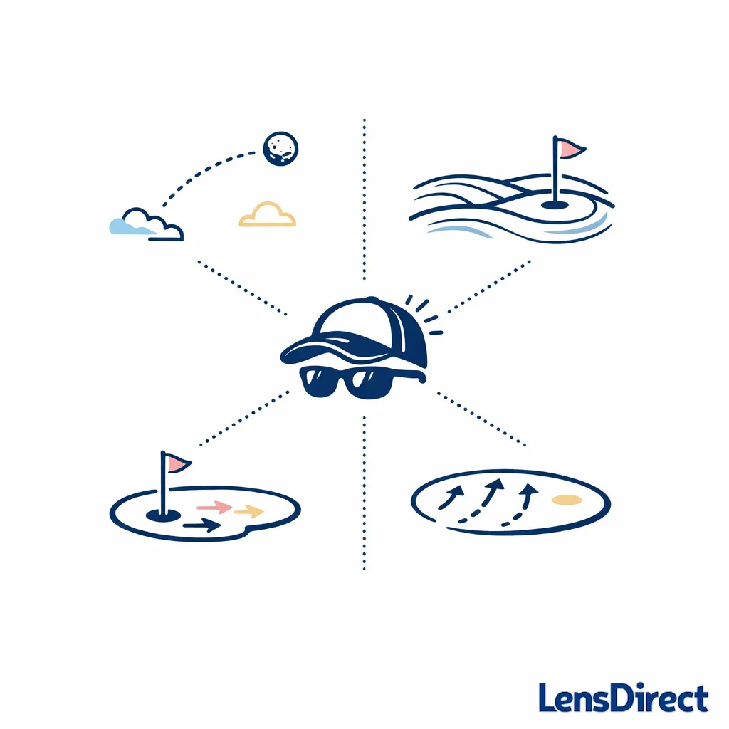 Minimal line-art showing ball tracking, fairway texture, green reading, and hat comfort in one diagram.