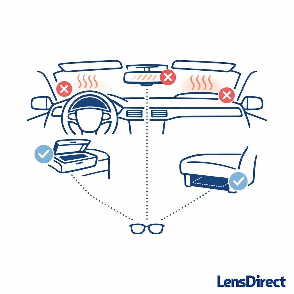 A simple car interior diagram shows best and worst places to store glasses during summer heat.