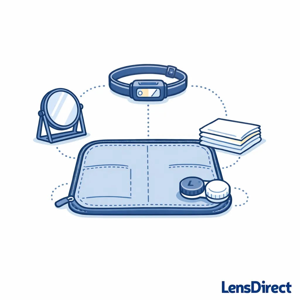 A compact contact lens micro-station with mirror, headlamp, tissue, and pouch laid out on a clean surface.