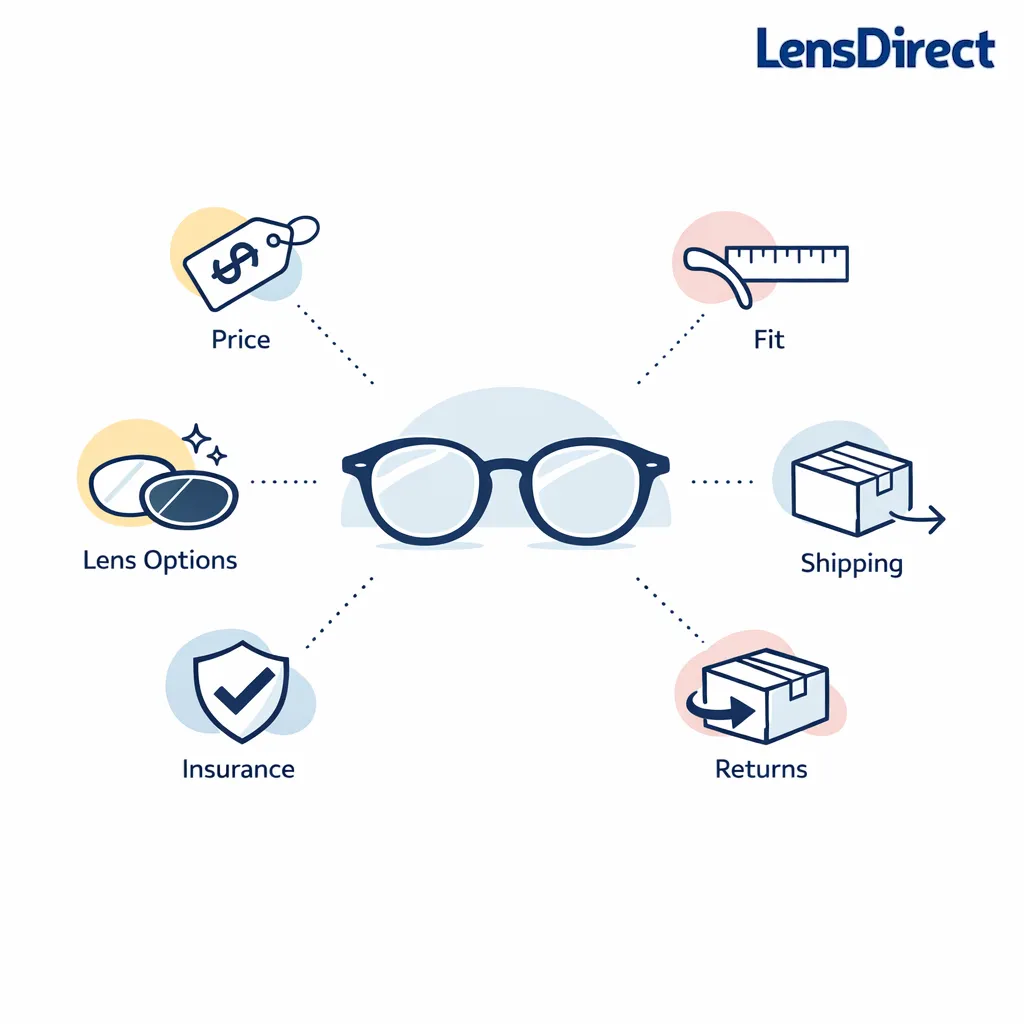 A minimal comparison board shows key factors for choosing eyeglasses online on a white background.