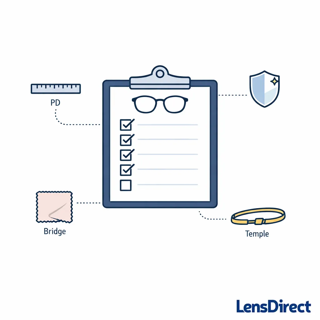 A minimal checklist page with glasses icon and simple fit and durability check marks centered on a white background.