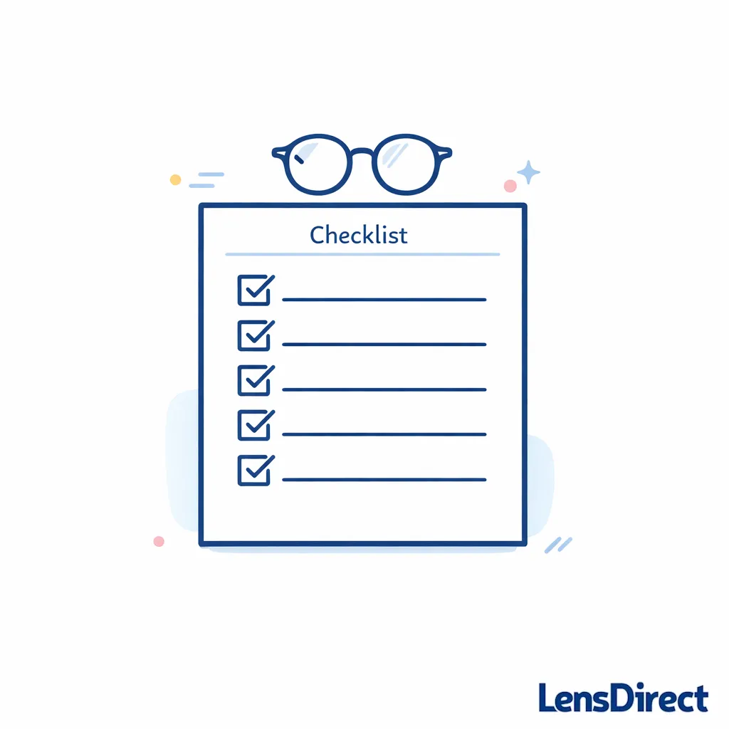 Minimal checklist card with glasses icon and simple step markers on a white background.