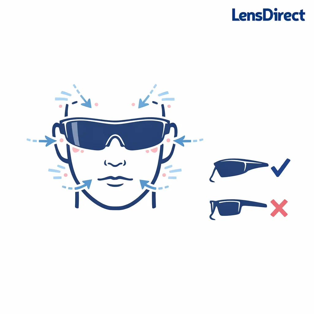 Line-art sunglasses on a face with highlighted gaps where wind and dust can enter around the frame.