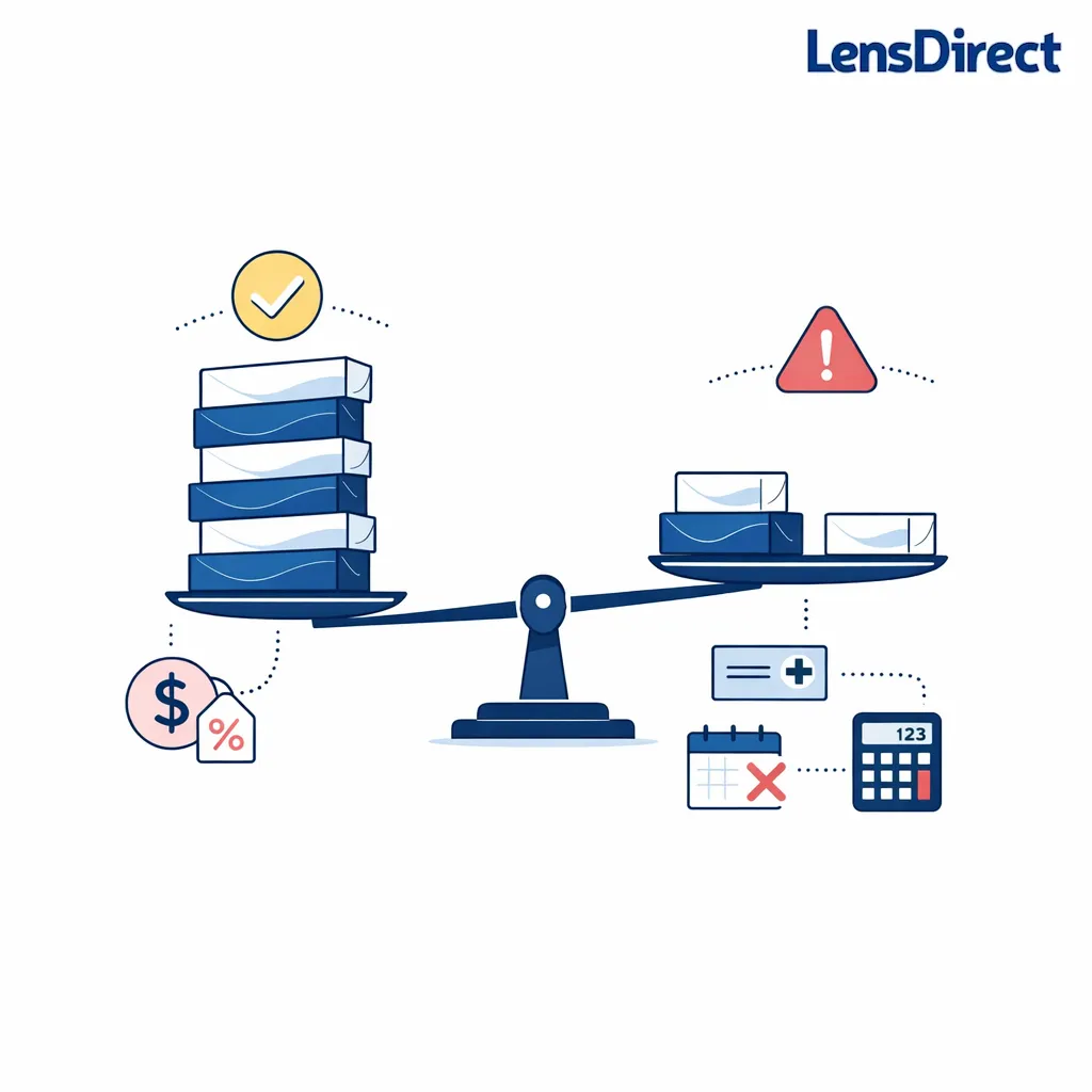 Minimal line art compares a full-year contact order with smaller purchases using boxes, rebate tag, and simple cost icons.