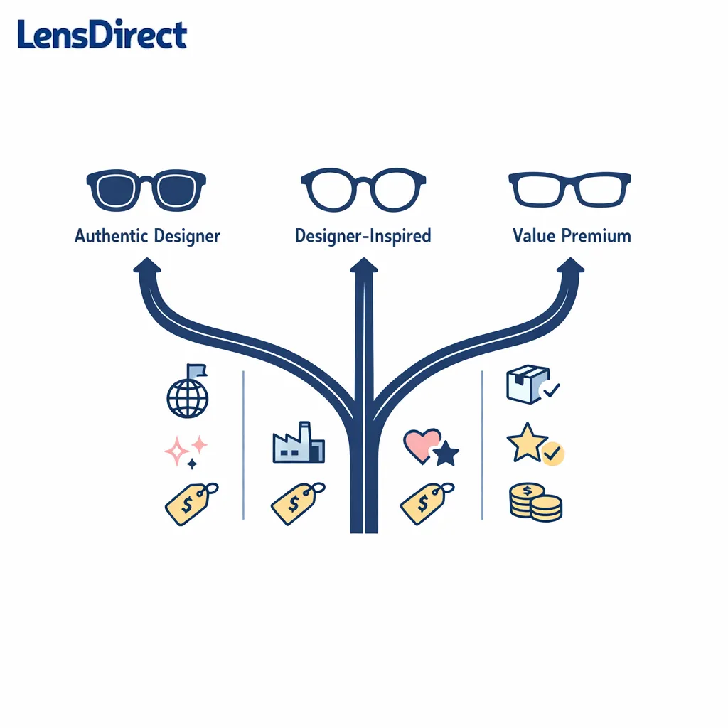 Three clear pathways compare authentic designer, inspired styles, and value-premium frames.