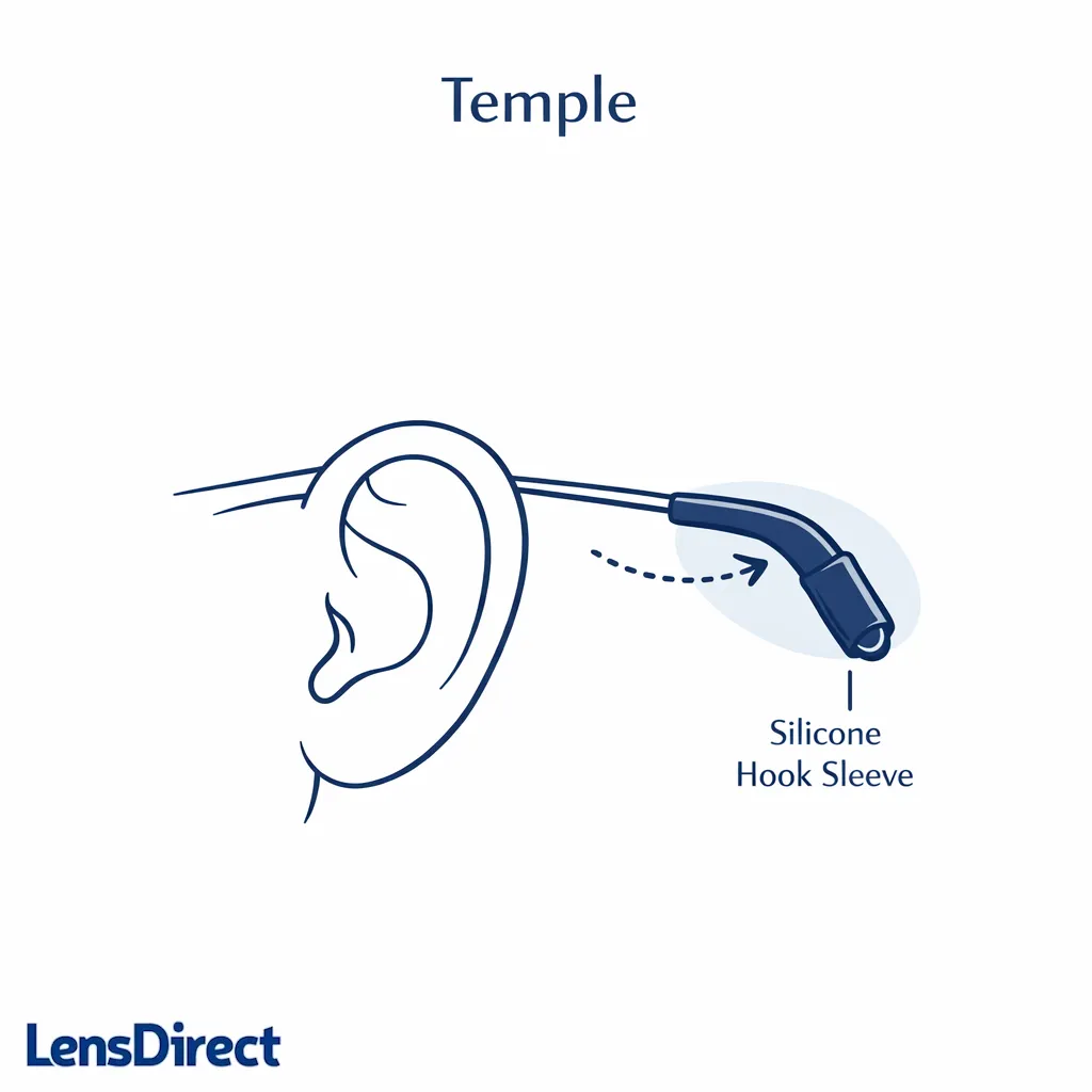A behind-the-ear diagram showing silicone ear hooks on the temple tips to stop forward slipping.