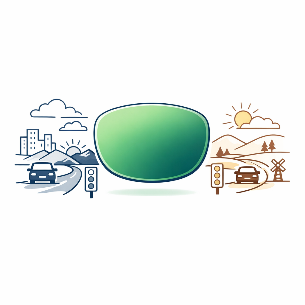 A green-tint comparison graphic shows a balanced option between neutral gray and warmer brown lenses.