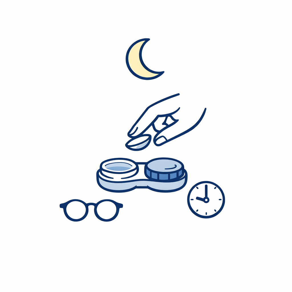 A moon icon beside a contact lens case and glasses to suggest removing lenses before sleeping on tired travel nights.
