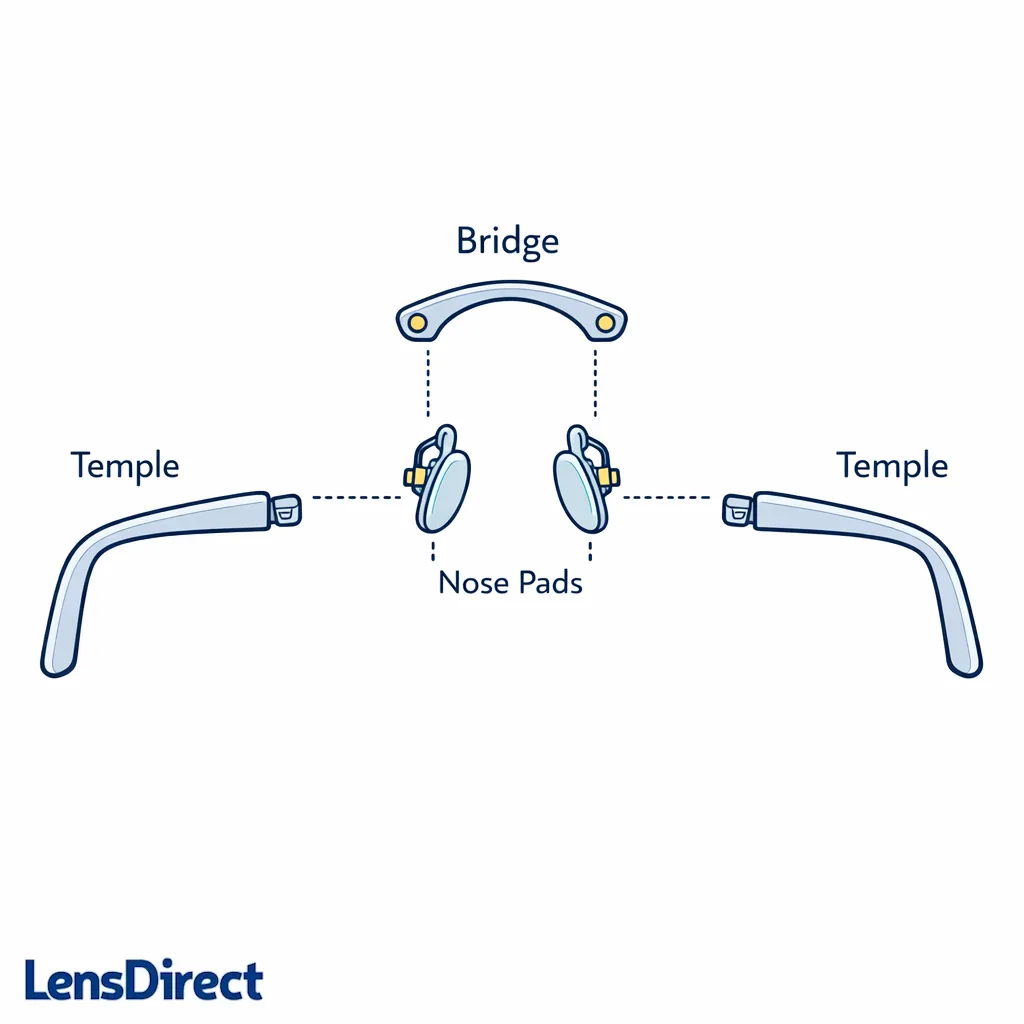 Exploded diagram of frame parts highlighting bridge, nose pads, and temples with dotted callouts.