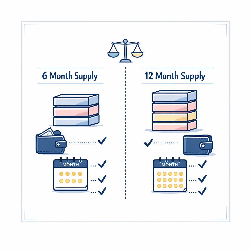 Two balanced columns compare a 6-month and 12-month contact supply with budget, wear frequency, and timing cues.