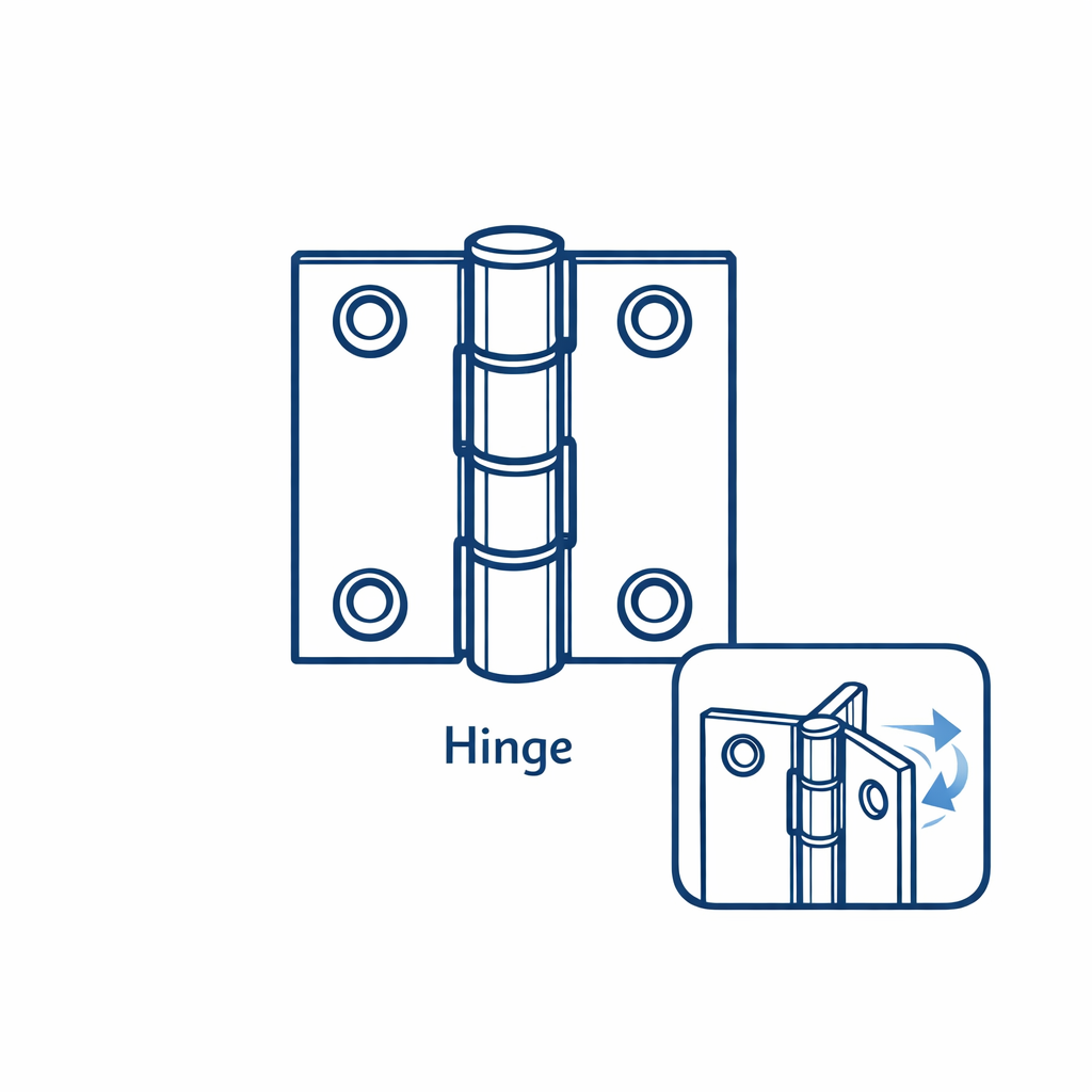 A minimal close-up hinge inset showing flex action with arrows, using line art on a white background.