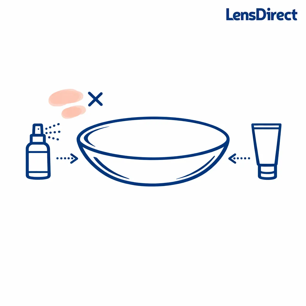 A face-free diagram shows a spray bottle and sunscreen tube kept away from a lens surface to prevent smudges.