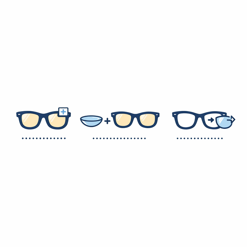 Icons showing three options: prescription sunglasses, contacts with sunglasses, and lens replacement in existing frames.