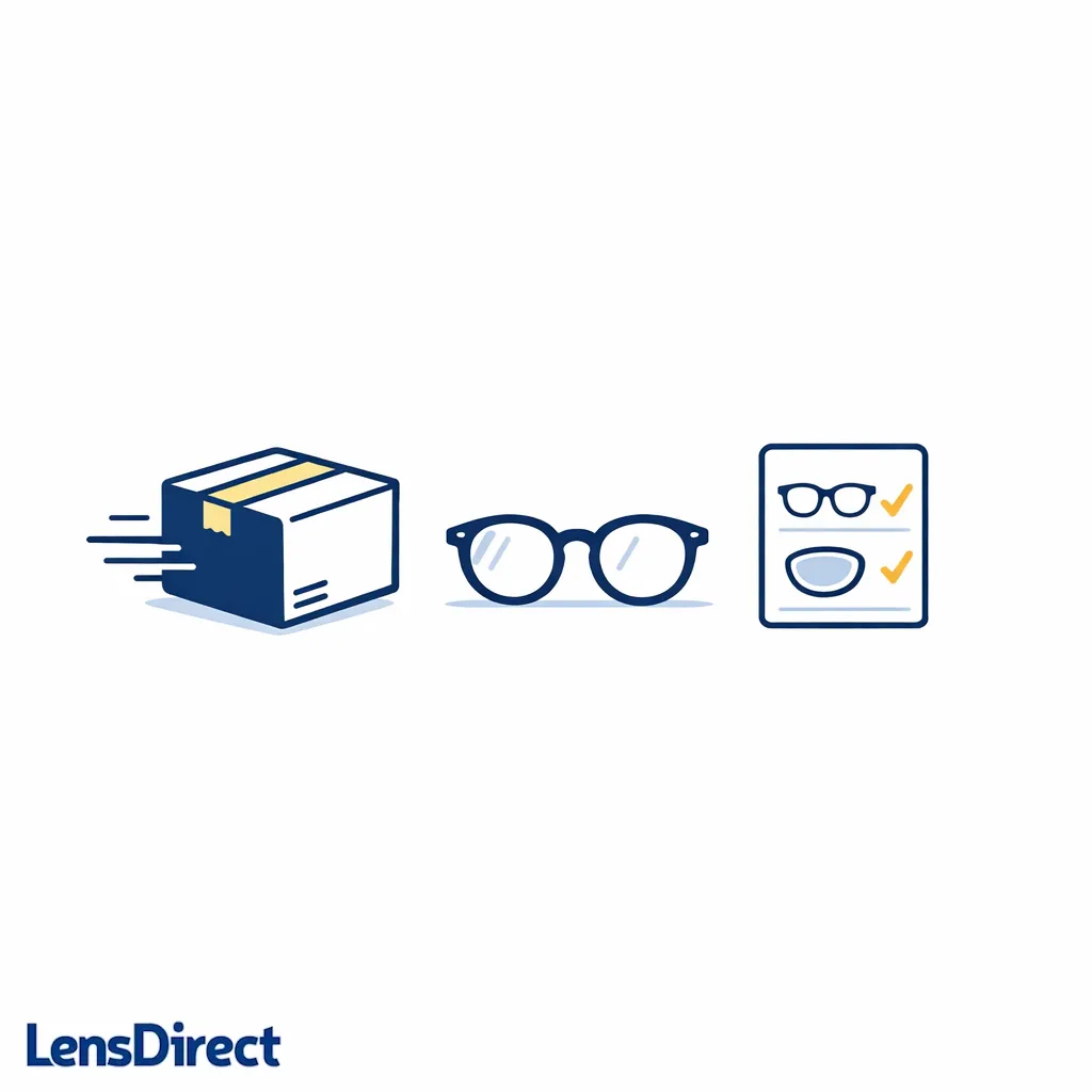 A shipping box and glasses icon show how simple prescriptions can speed delivery.