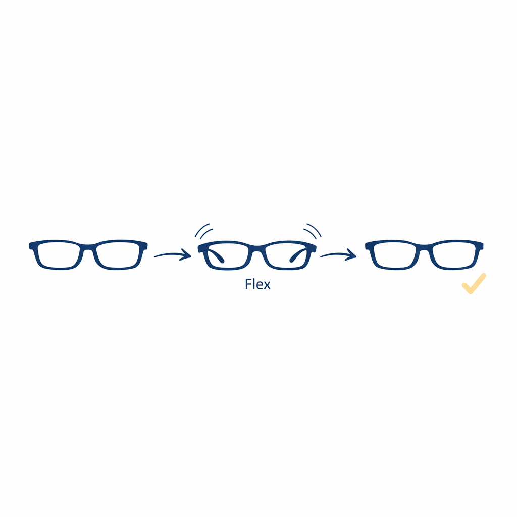 A simple frame bending sequence showing resilience with arrows and check marks on white.
