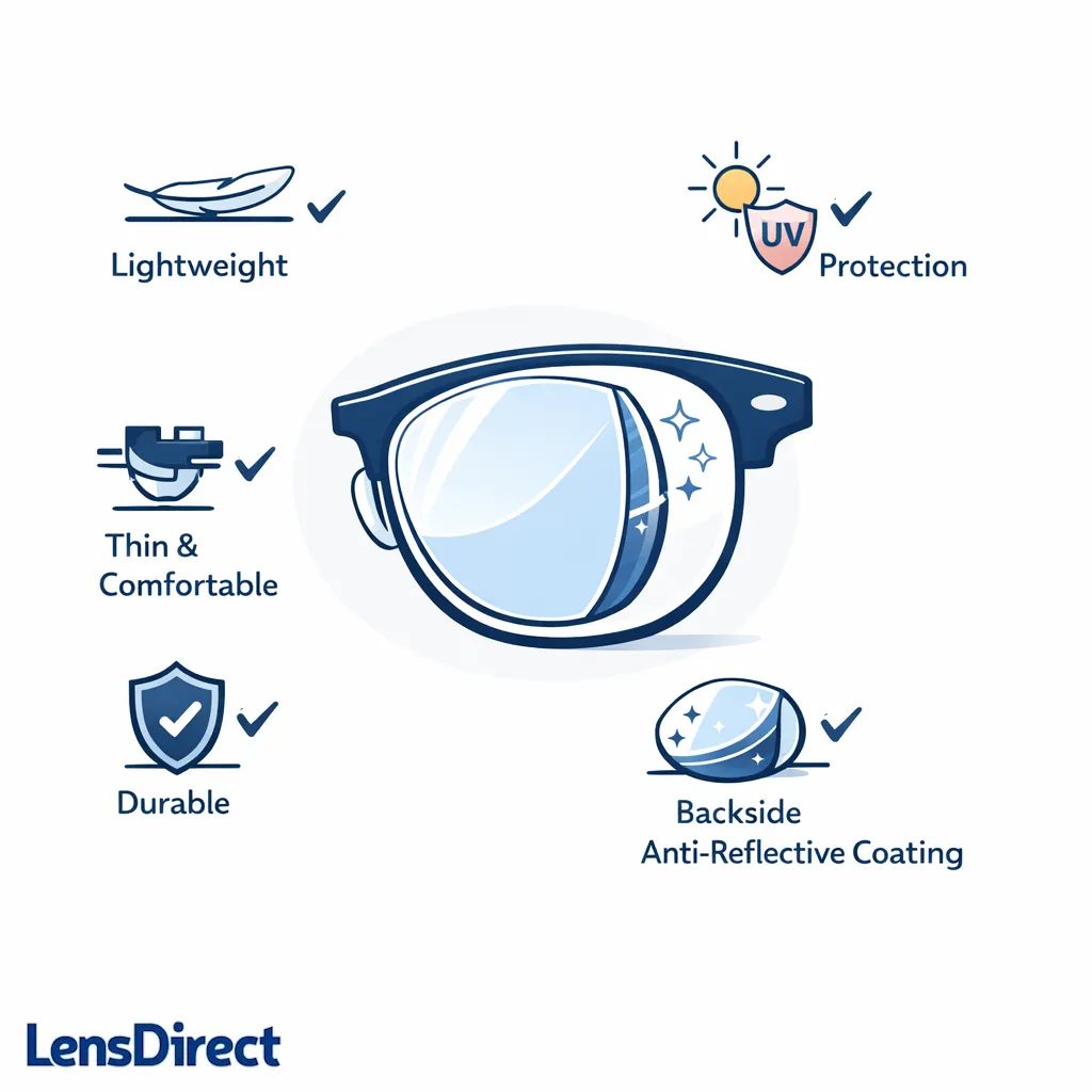 A clean checklist diagram covers lightweight lenses, thickness, durability, UV, and backside AR coating.