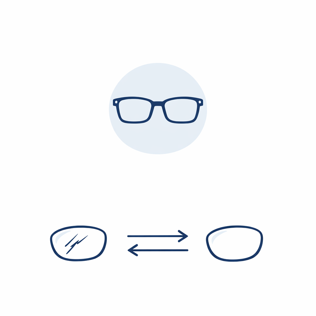 Simple flowchart showing scratched lenses leading to replacement while keeping favorite frames for helmet fit.
