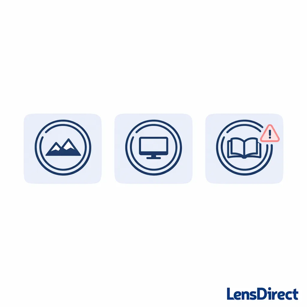 Three lens icons for distance, computer, and reading, with a mismatch warning marker on one.