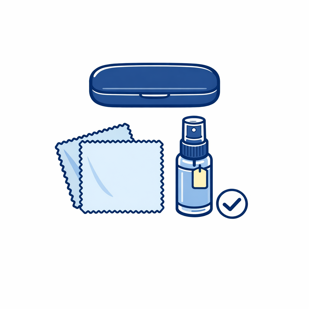 A minimal packing layout shows a hard case, two microfiber cloths, and travel cleaner for summer trips.
