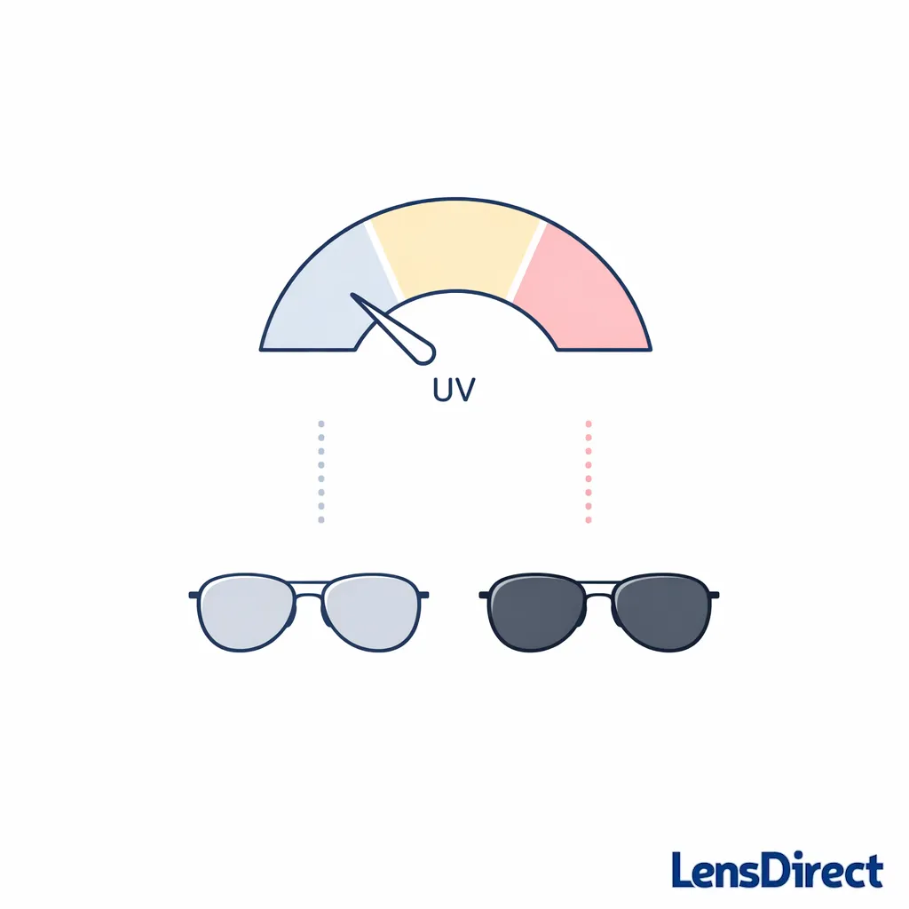 A simple UV index gauge links low, medium, and high conditions to lighter or darker lens choices.
