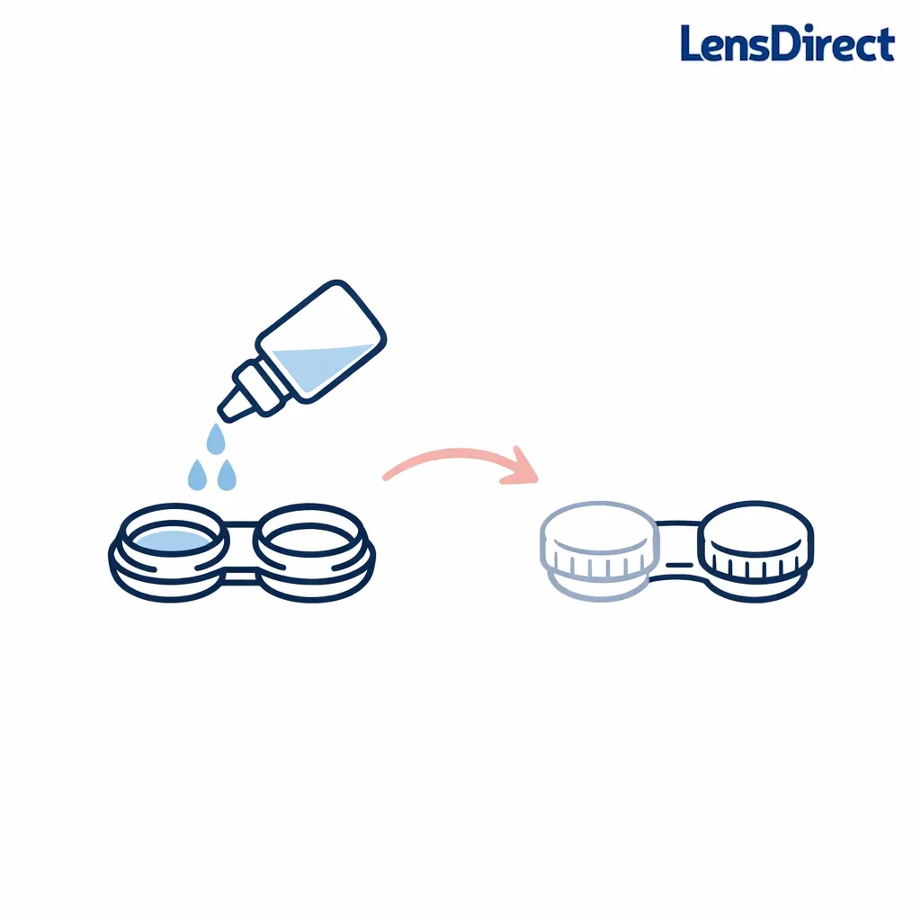 A clean lens case with fresh solution and a simple replacement cue to start trips with a new case.