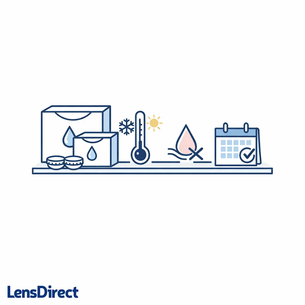 Unopened contact lens boxes sit in a clean dry spot with temperature and expiration icons for safe storage reminders.